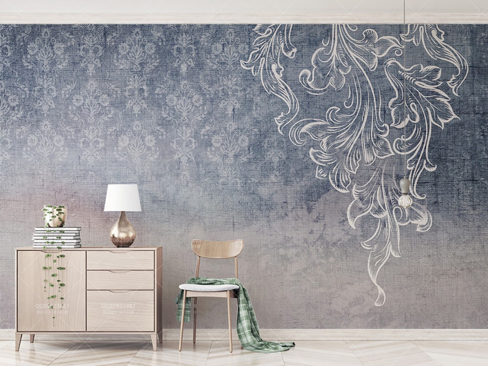  İndigo Denim Dokulu ve El Çizimi Beyaz Barok Motifli Duvar Kağıdı