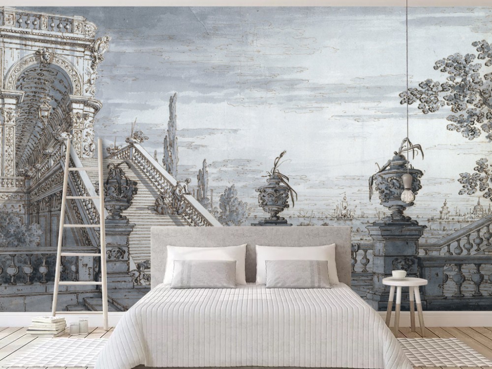Vintage Avrupa Saray Merdivenleri ve Klasik Mimari Manzaralı Duvar Kağıdı