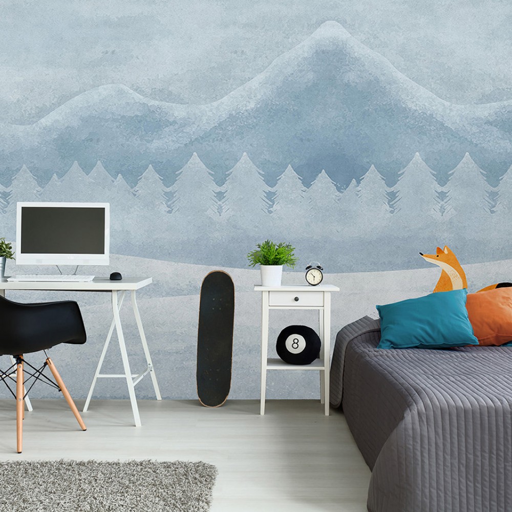Mavi Suluboya Efektli Dağlar ve Çam Ormanı Çocuk Odası Duvar Kağıdı