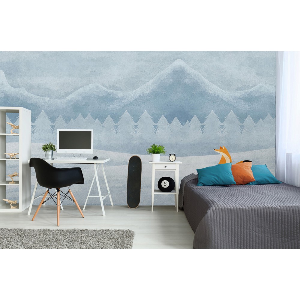 Mavi Suluboya Efektli Dağlar ve Çam Ormanı Çocuk Odası Duvar Kağıdı